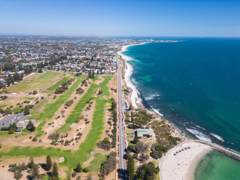 Aerial view of the sunny city of Perth, Australia.